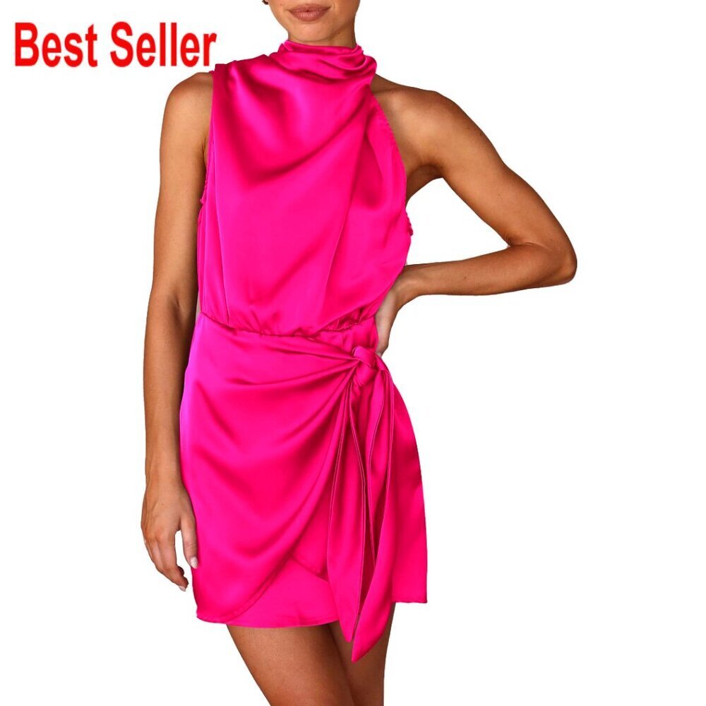 Satin Cocktail Dress Mock Neck Tie Waist Sleeveless Elegant Party Wear